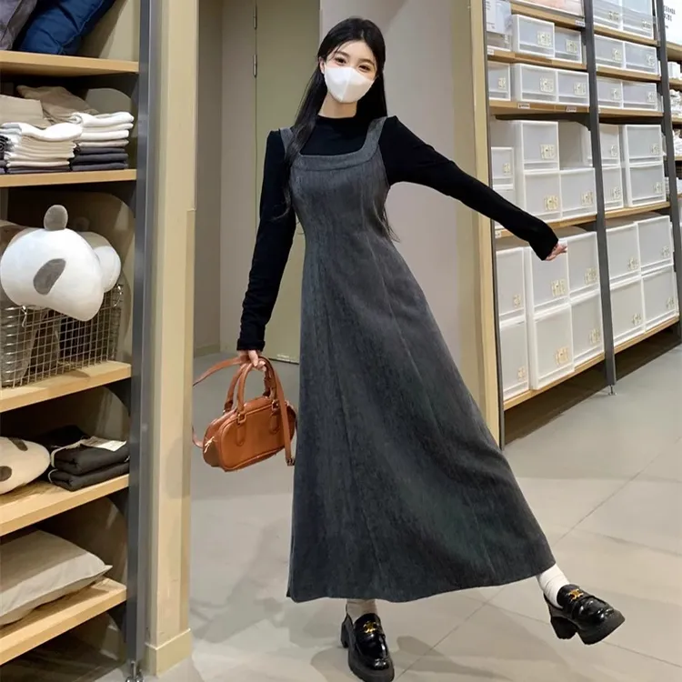 微胖妹妹大码高级感打底衫套装女2024秋冬显瘦背带连衣裙两件套潮