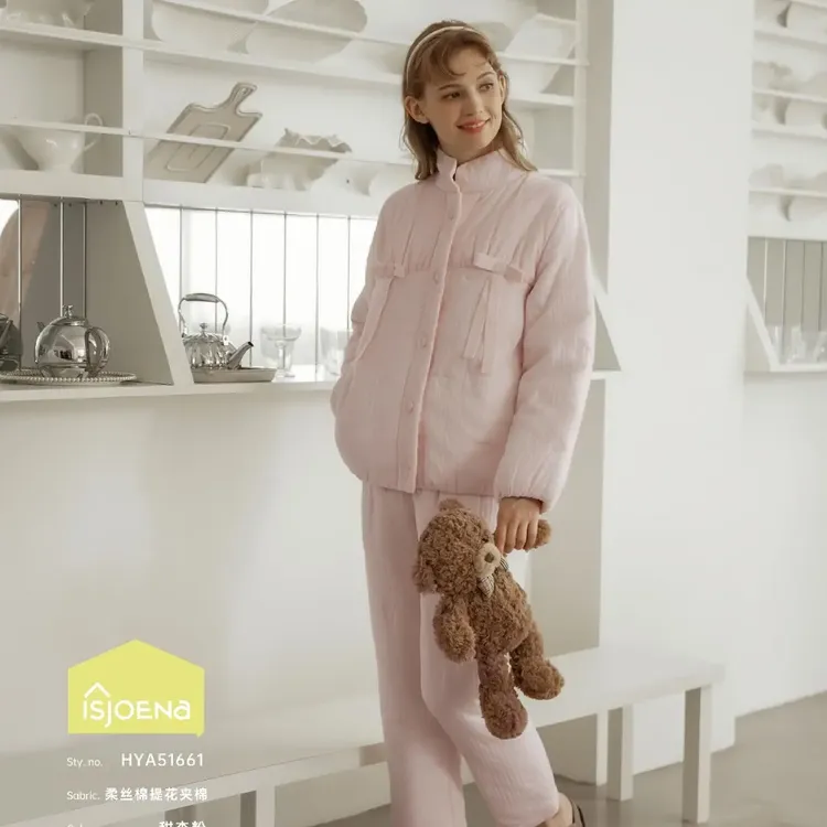 伊姿娇娜睡衣2025冬季女士柔丝棉提花简约三层加厚夹棉淑女家居服