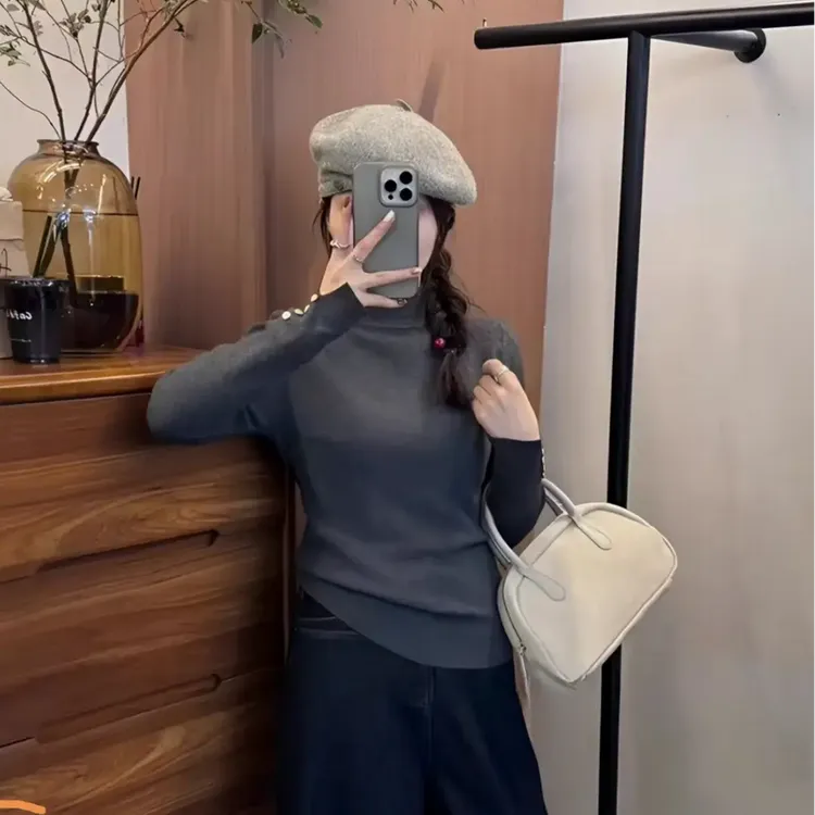 灰色高领毛衣内搭打底衫女早秋季新款修身洋气独特漂亮针织衫上衣