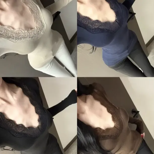 Mermaid人鱼珺 V领蕾丝修身显瘦拼接长袖弹力高级感打底衫