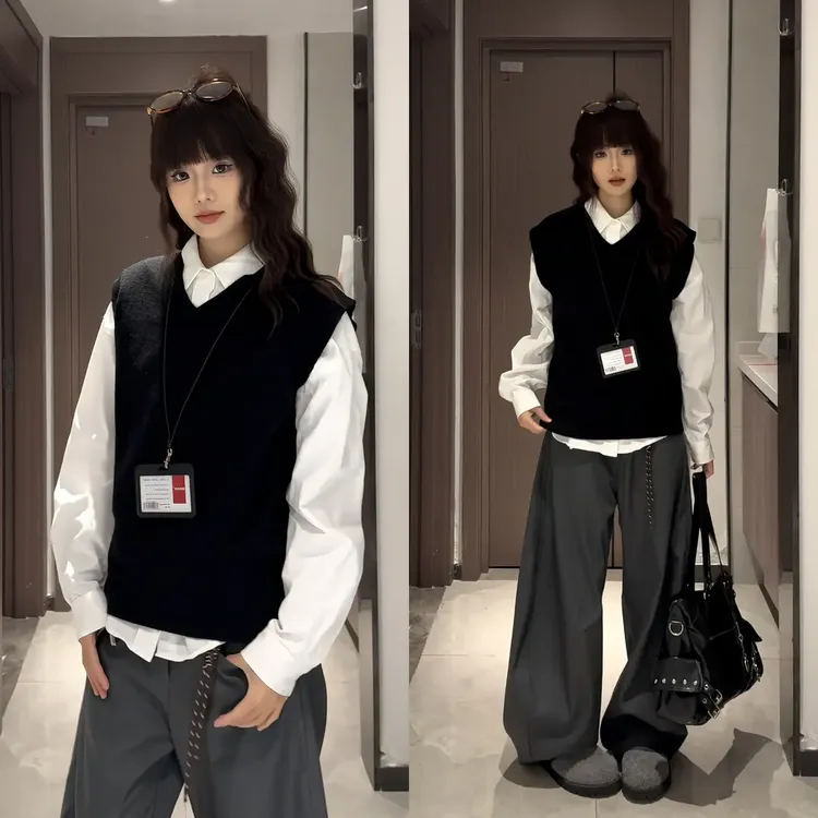 黑色学院风V领针织马甲男款秋冬高级感慵懒毛衣韩版内搭无袖背心