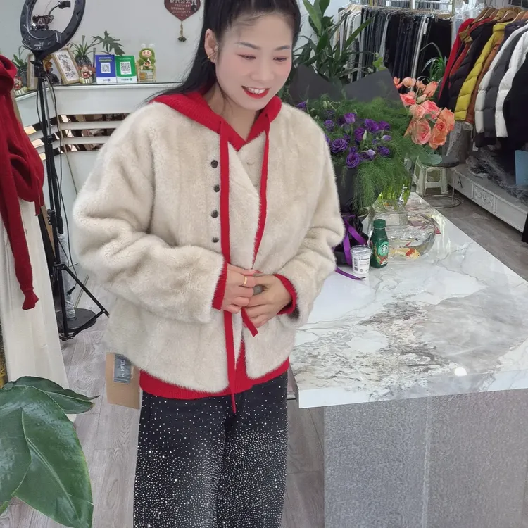 冬季新款短款立领加厚水貂绒皮毛一体环保皮草女士外套