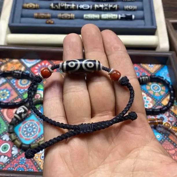 藏式天然玛瑙九眼手链手工编织复古百搭男女款