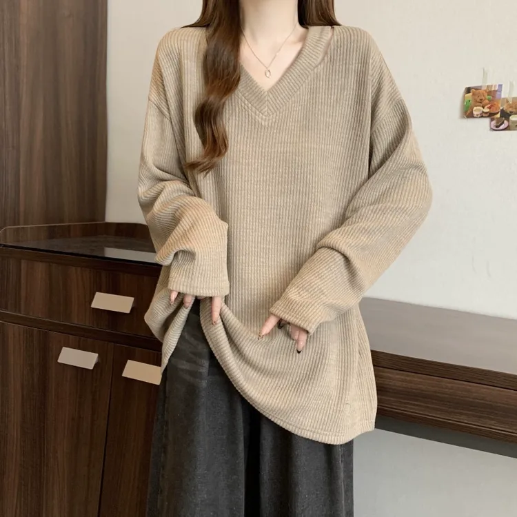 宽松慵懒风领卫衣女春秋大码胖遮肚藏肉上衣中长款长袖打底衫