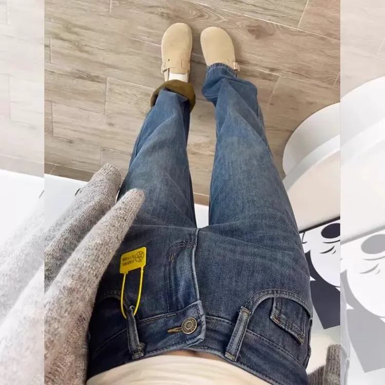 雪千羽复古窄版阔腿牛仔裤女2025秋冬新款加绒直筒牛仔裤女拖地裤