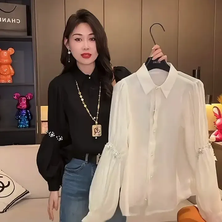 冬季法式重工钉珠灯笼袖衬衫女时尚气质减龄百搭显瘦温柔风女上衣