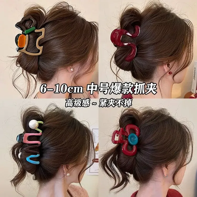款纽扣抓夹时尚气质红色发夹拼色发卡半扎鲨鱼夹发抓子