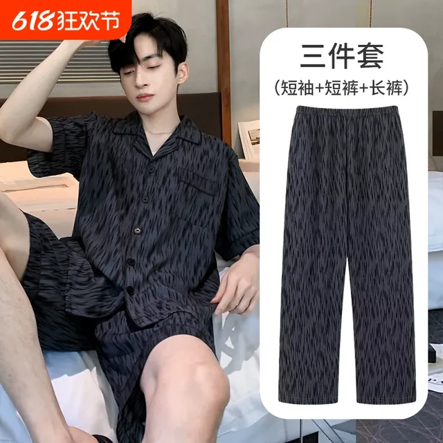 纯棉睡衣男士夏季短袖长裤短裤薄款夏天青少年男款家居服三件套装