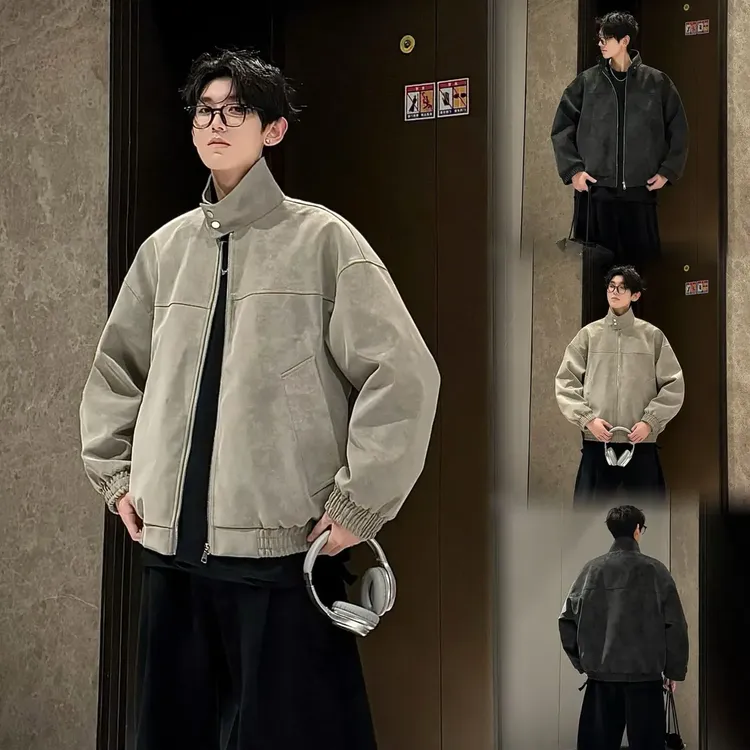 流汗小杰【扎染pu】春季新款复古立领皮衣夹克痞帅宽松百搭情侣外套