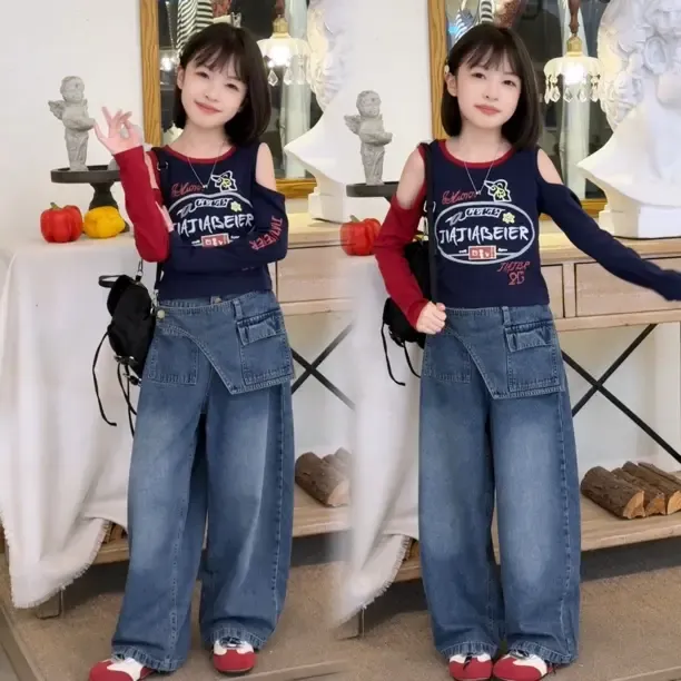 女童套装秋装2025辣妹时髦路肩打底衫腰封牛仔裤阔腿弯刀裤两件套