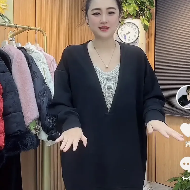 V领链条设计感重工珠链卫衣女宽松型中长款新款