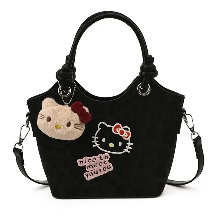 可爱凯蒂猫水桶包女新款卡通单肩斜挎包时尚复古百搭手提包包黑色