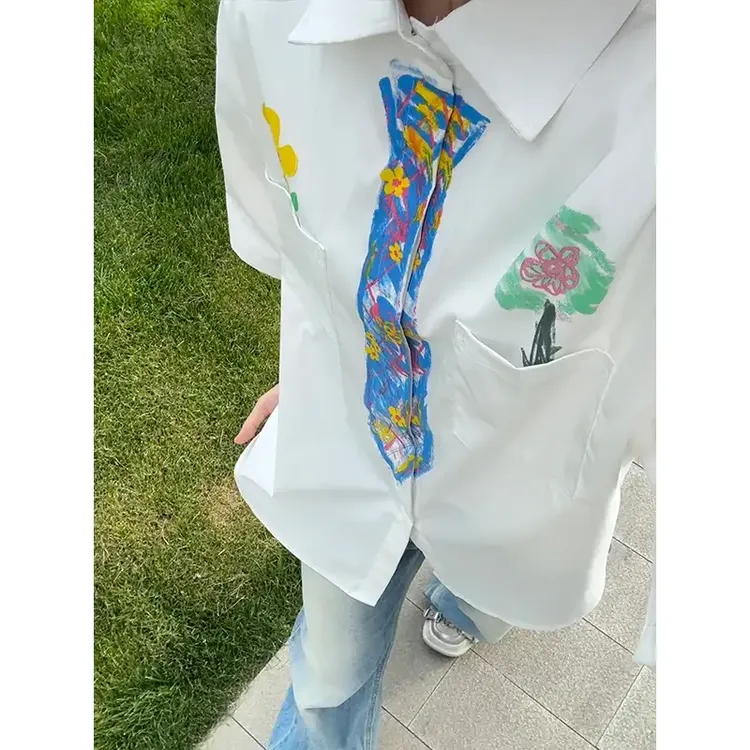 cleanfit白色彩绘涂鸦短袖衬衫男夏季学院风潮牌翻领衬衣叠穿外套