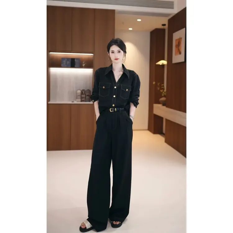 【两件套】【送腰带】秋季复古轻奢显瘦翻领衬衫高腰阔腿裤套装JT0093
