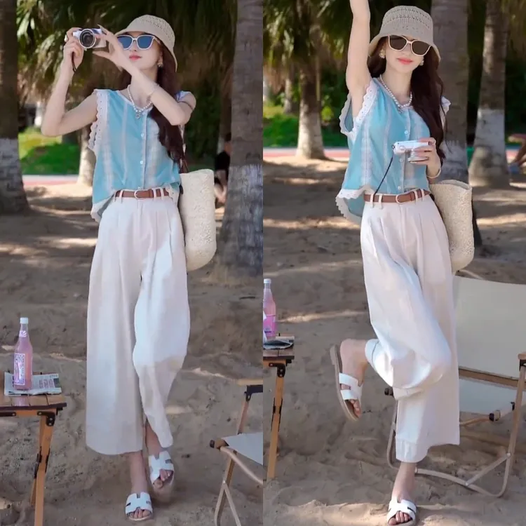 夏装搭配一整套小个子无袖衬衫阔腿裤时尚洋气减龄显瘦遮肉两件套