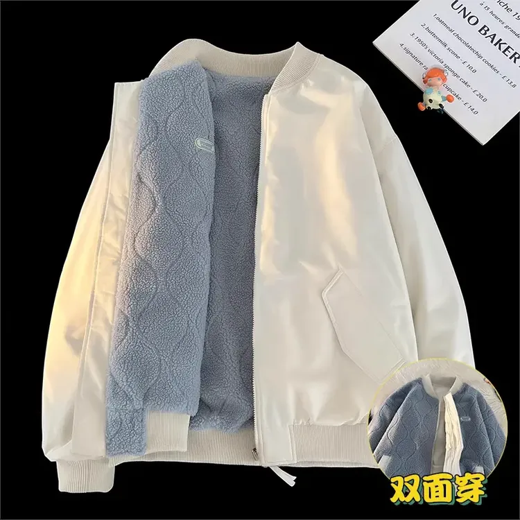 迪柯登潮牌两面穿时尚羊羔绒棉衣外套男秋冬新款棒球服加厚棉服