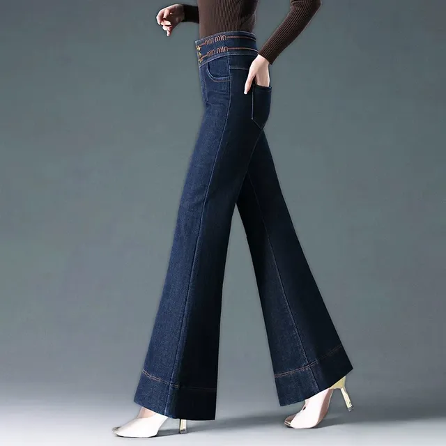 蓝色筒喇牛仔裤女2025年新款春季宽松显瘦弹力高腰阔腿大脚喇叭裤