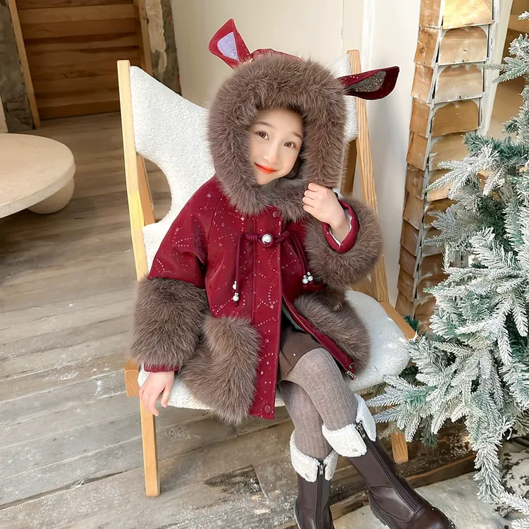 女童拜年服红色仿皮草冬季2025新款儿童兔耳外套宝宝冬装皮毛一体