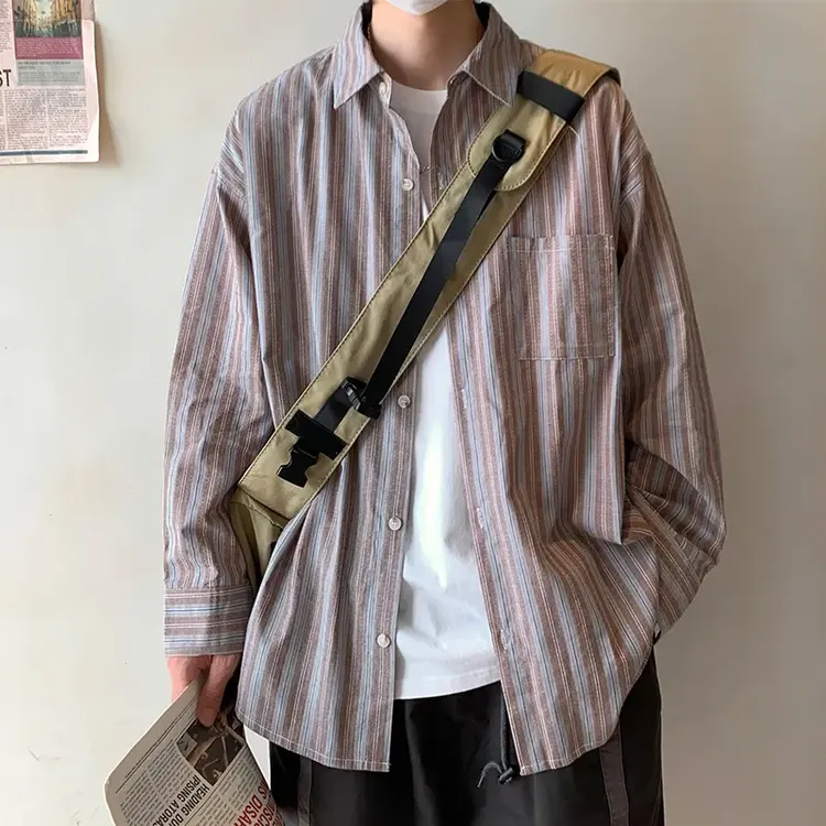 百搭男士男生上衣春秋新款复古痞帅潮牌宽松休闲户外长袖衬衫外套