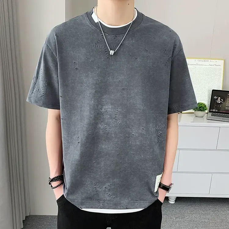 立始重磅破洞假两件短袖T恤男士2025新款夏季潮牌冰丝上衣服半袖