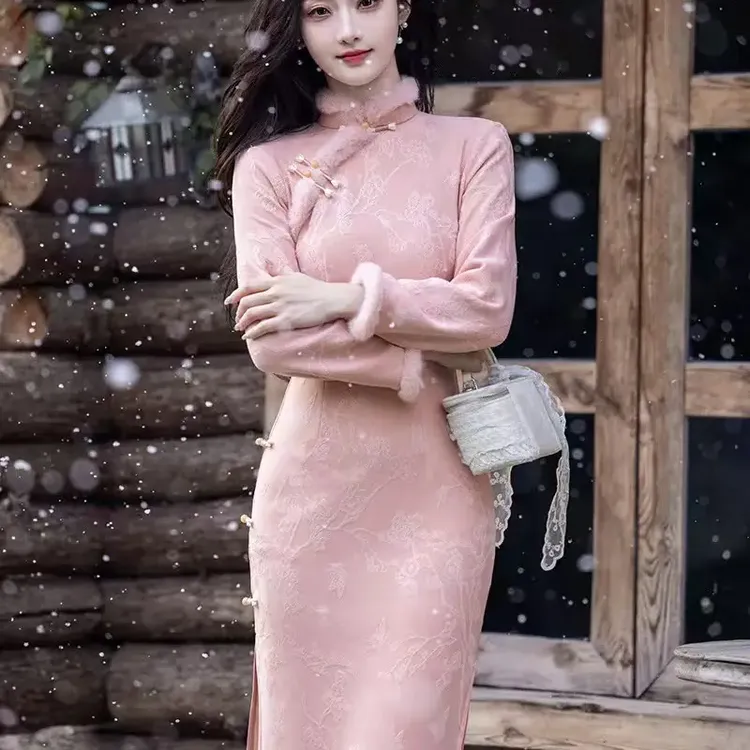 秀懿丨桃桃）冬季加绒两版高个子小个子四色提花低领长袖旗袍