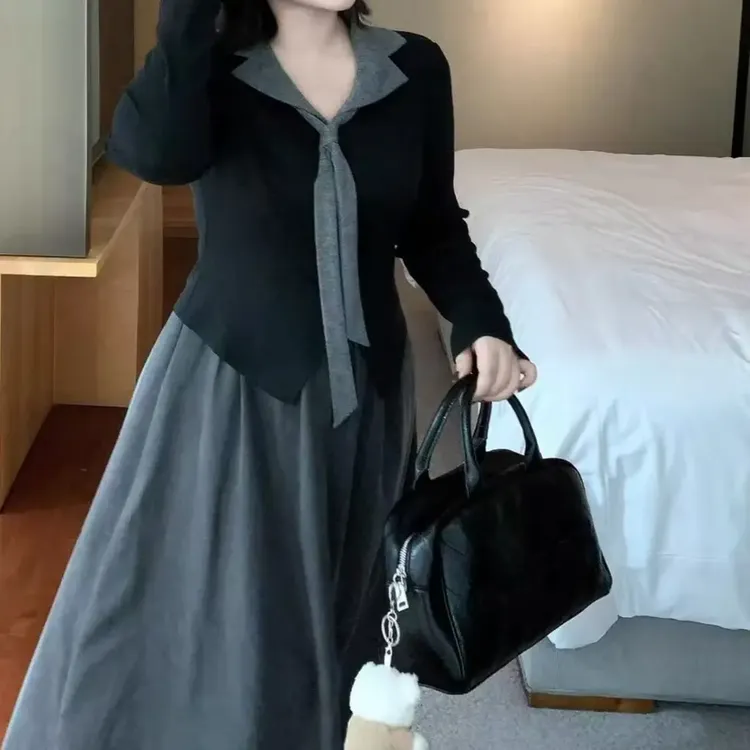 高级感气质减龄假两件上衣搭配高腰百褶半身裙春秋款