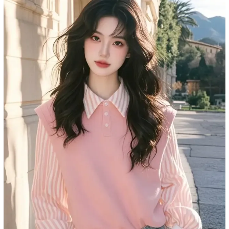 今年流行超好看粉色条纹拼接衬衫女2025春季新款高级感洋气衬衣服