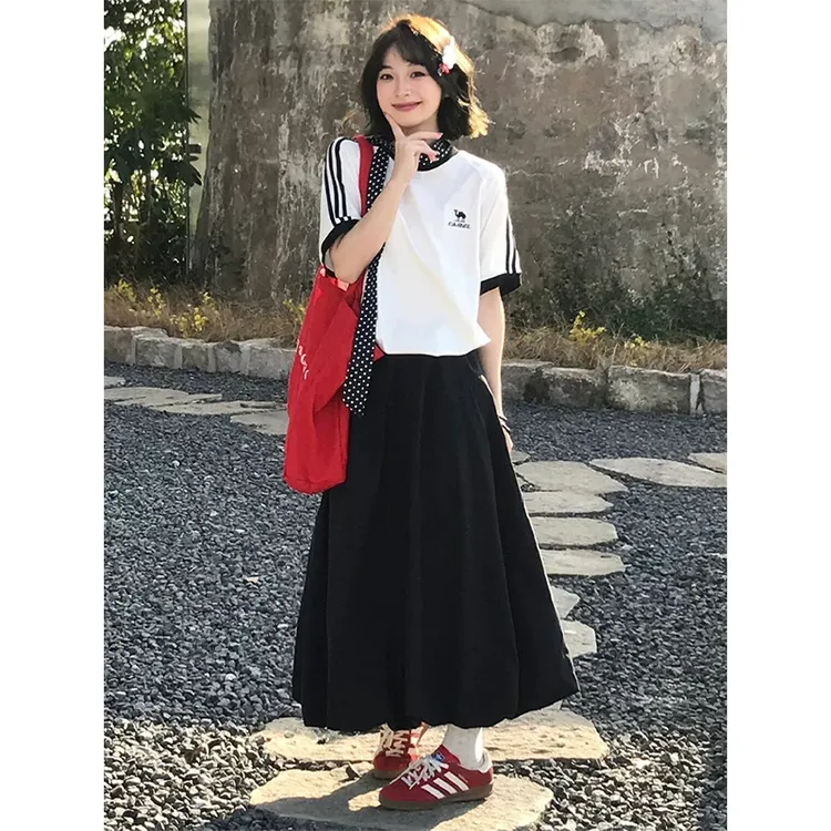 韩系穿搭休闲运动服套装女夏季文艺复古宽松短袖百搭半身裙两件套