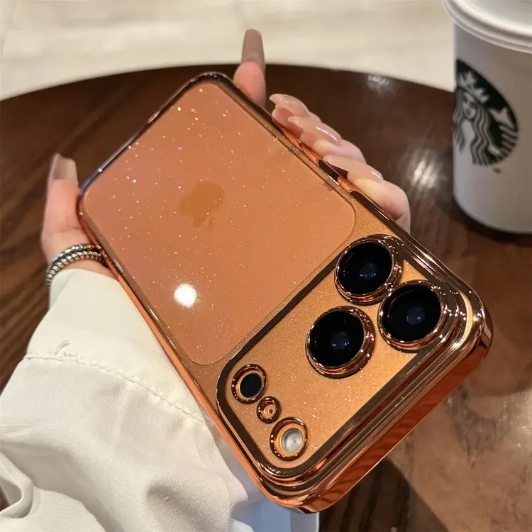 适用苹果17promax手机壳新款闪粉iPhone17高级感17pro带镜膜橙色