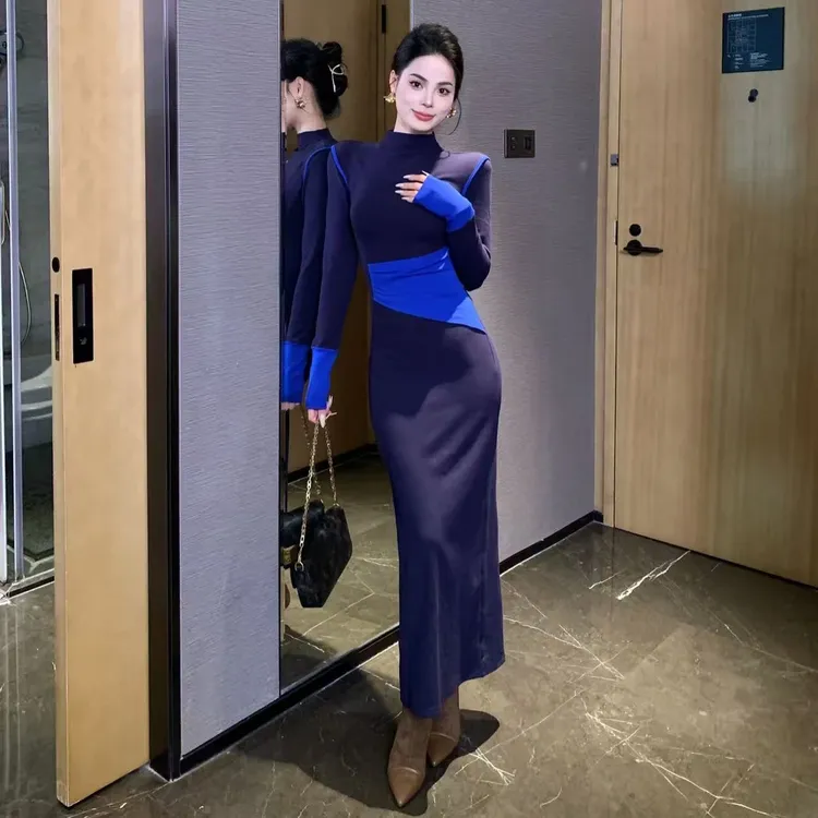 A678立领显瘦网红名媛长袖冬季韩系显瘦长袖连衣裙秋冬