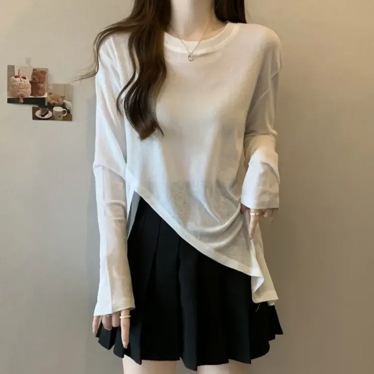 大码不规则长袖防晒衫T恤女夏季薄款胖M宽松显瘦百搭透气开叉上衣