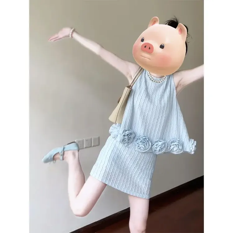 立花朵无袖背心+半身裙短裙套装时尚洋气减龄显瘦遮肉两件套女