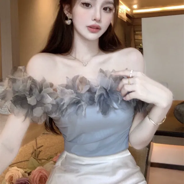 立体花朵一字领锁骨抹胸上衣小衫高端洋气夏季性感吊带背心女外穿