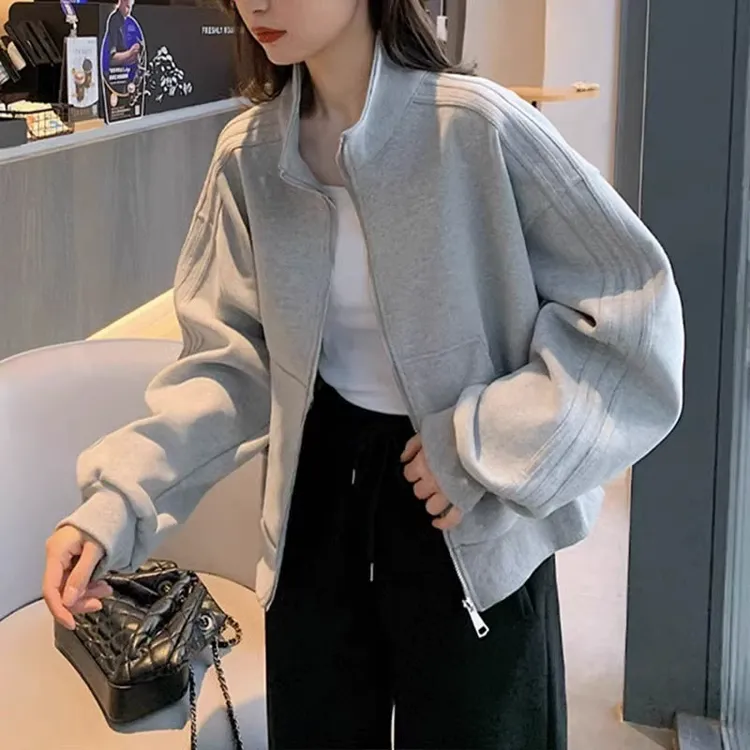 灰色立领短款开衫卫衣外套女2025春秋季新款休闲运动棒球服上衣潮