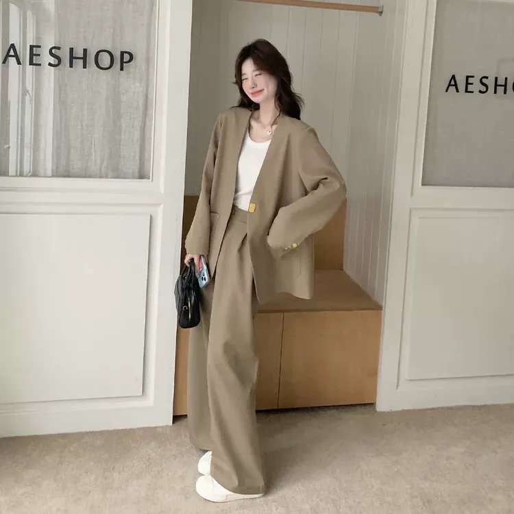 韩系休闲卡其色西装外套阔腿裤女2025春季新款气质高级时尚两件套