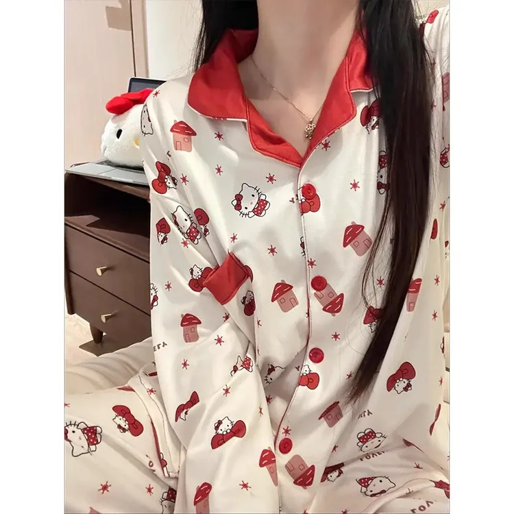 撞色可爱卡通kitty猫睡衣女秋冬季加厚德绒保暖家居服套装可外穿
