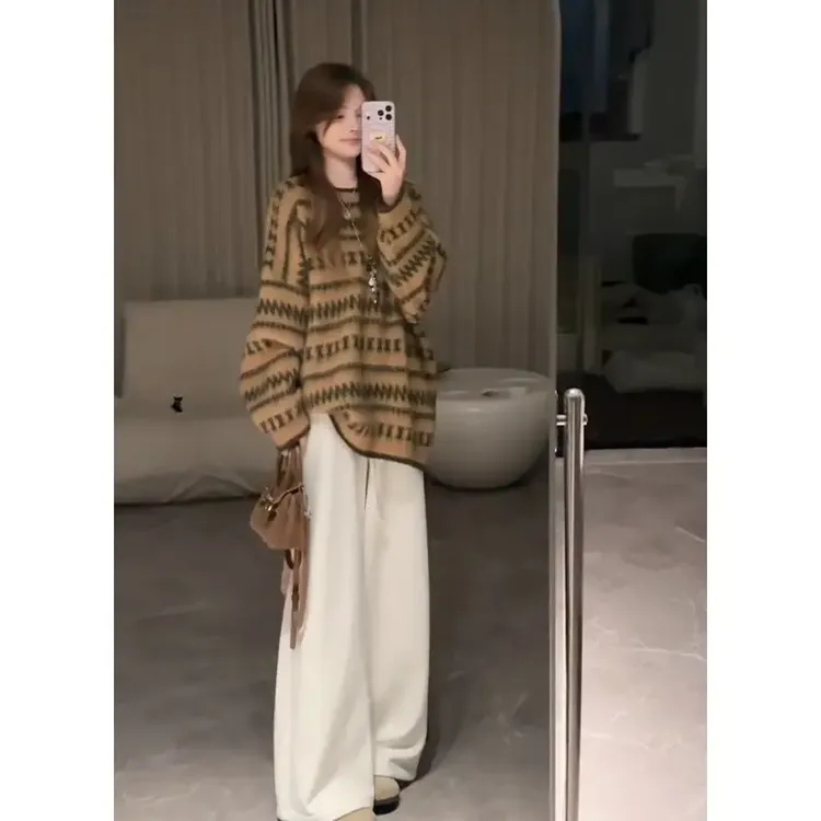 秋季新款法式条纹长袖毛衣上衣气质高腰阔腿裤清冷系禅意衣服女