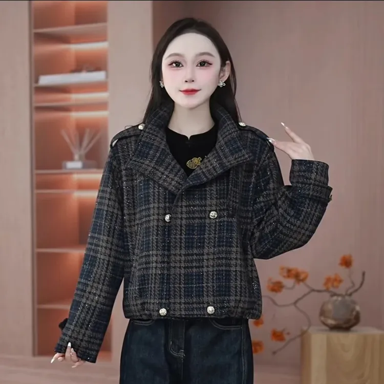 时尚格子外套女士2025秋季新款正肩显瘦百搭宽松短款休闲港风夹克