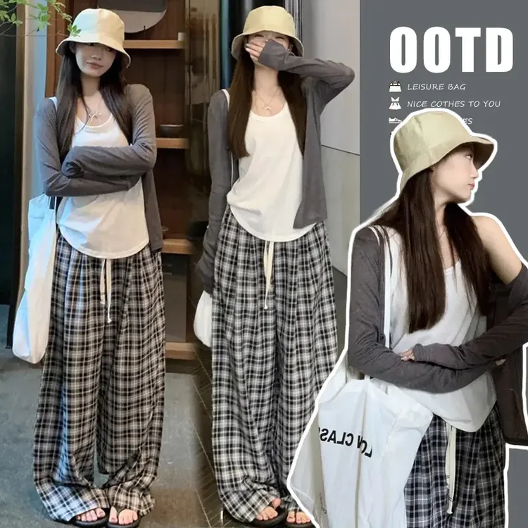 孕妇套装2025慵懒风灰色防晒外套女无袖背心秋季格子休闲裤三件套