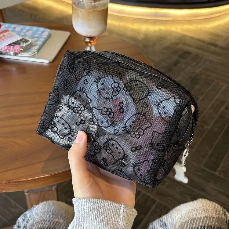 可爱kitty网纱补妆包便携外出数据线杂物收纳包学生便携小手拿包