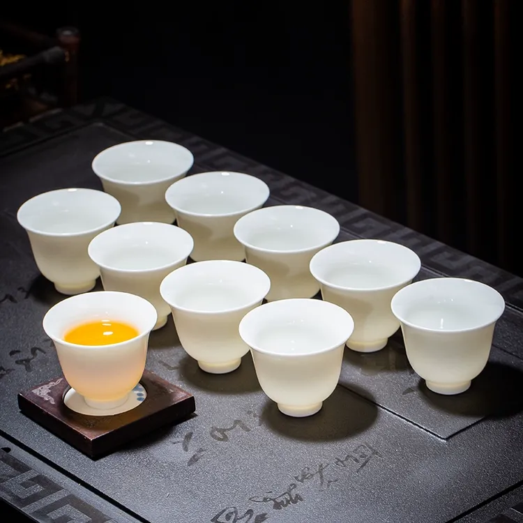 羊脂玉白瓷功夫小茶杯纯白色陶瓷泡茶杯6只10只装功夫茶盏品茗杯