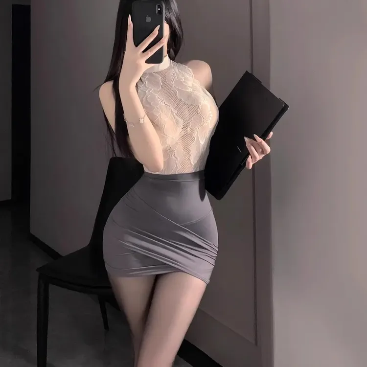 【私人秘书】白灰蕾丝包臀裙性感制服显瘦小胸显大辣妹制服睡袍约会