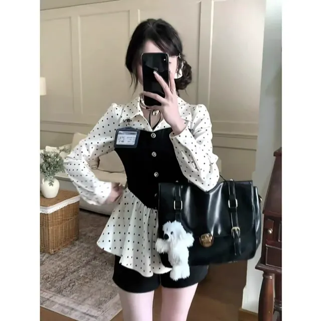 大码假两件收腰衬衫上衣女春季设计感小众胖MM遮肚子显瘦波点衬衣