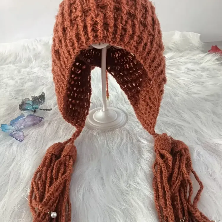 百搭镂空流苏手工针织女士包头冬季保暖显脸小帽子毛线帽