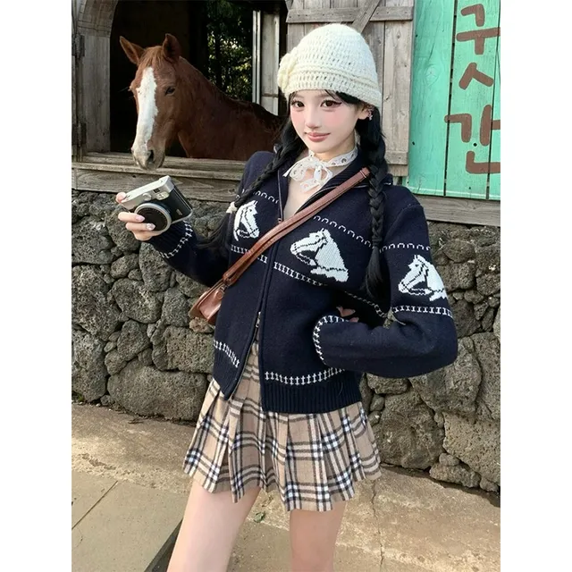 美式学院风毛衣女秋冬季撞色小马提花翻领拉链针织衫外套宽松上衣