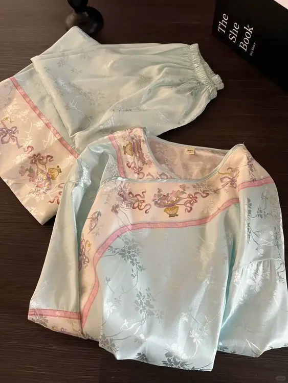 【皮卡】国风新中式复古温柔蓝花卉睡衣女古风长袖长裤套装家居服