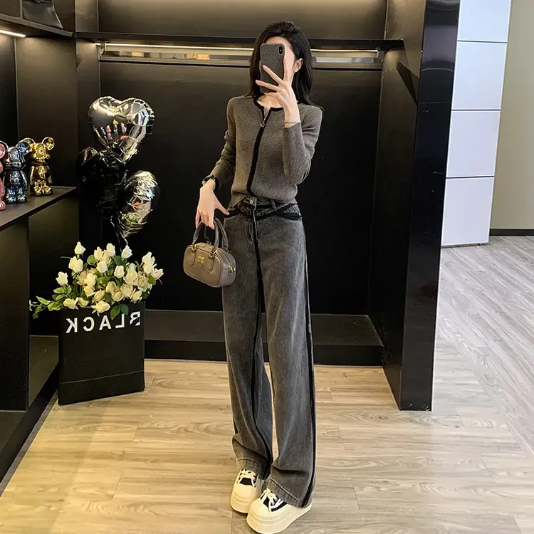 3734+3735灰色时尚休闲减龄女长袖针织衫高腰牛仔长裤打底两件套