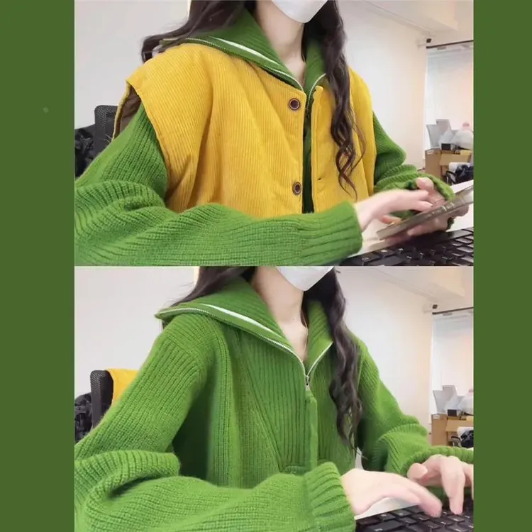 半拉链翻领绿色毛衣女春秋季2025新款慵懒风软糯设计感针织衫上衣