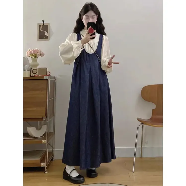 早春穿搭一整套微胖mm法式复古高级感衬衫牛仔背带裙叠穿两件套装