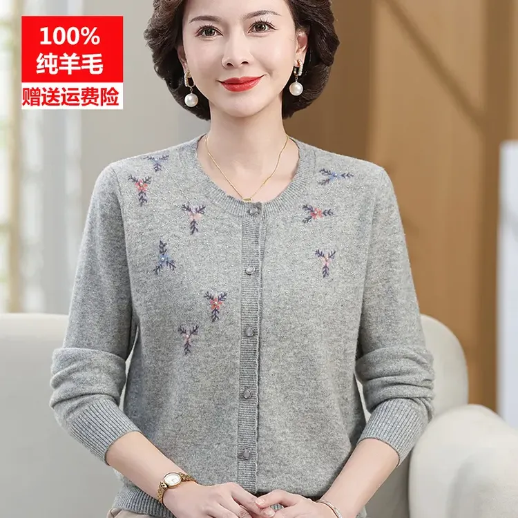 中老年人女100%纯羊毛衫圆领对襟大码毛衣妈妈秋冬装针织开衫外套